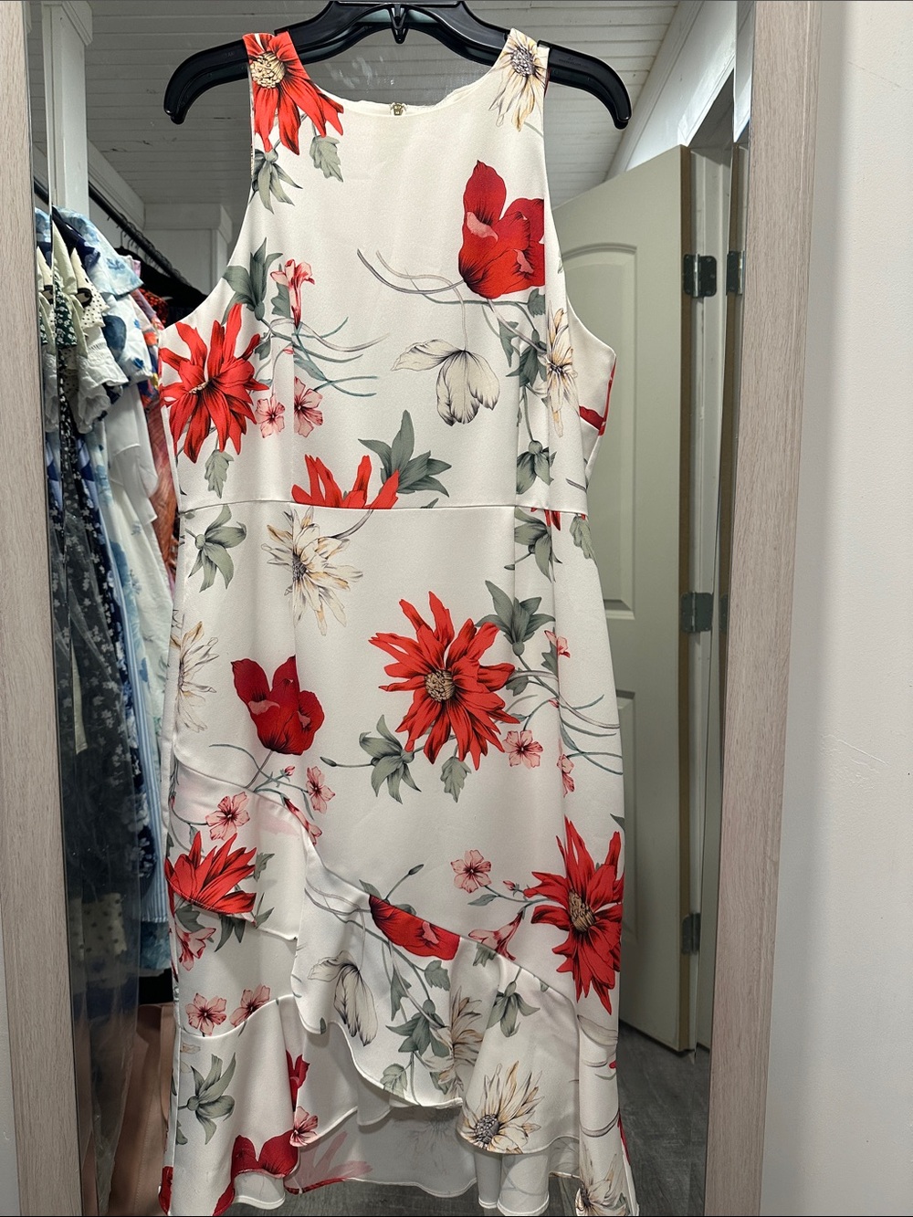 ANTONIO MELANI Ivory High-Low Dress with Red Floral Print